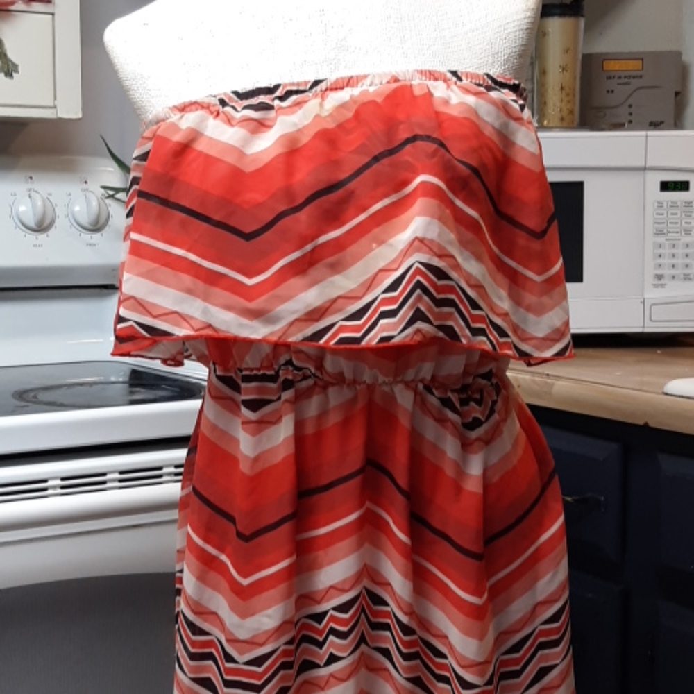 Womens Long Dress Sz Med Large Strapless Gown Red Orange Black Striped